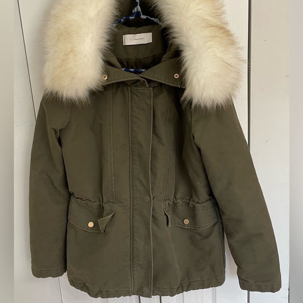Tahari Olive Hooded Parka Coat with Removable Faux Fur Trim